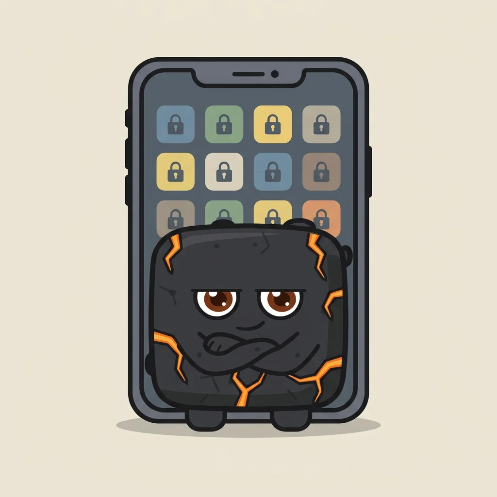 Blocky, a small lava rock, stands with his arms crossed in front of a phone whose apps all carry padlocks.