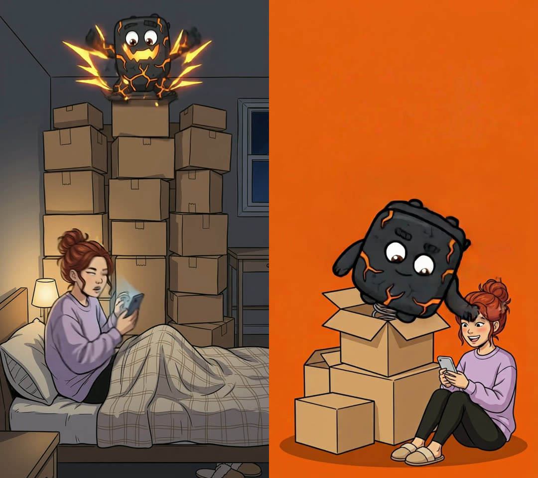 Left: a spiky, glowing creature bursting out of boxes that doesn't look like Blocky. Right: the real Blocky popping out of a box.