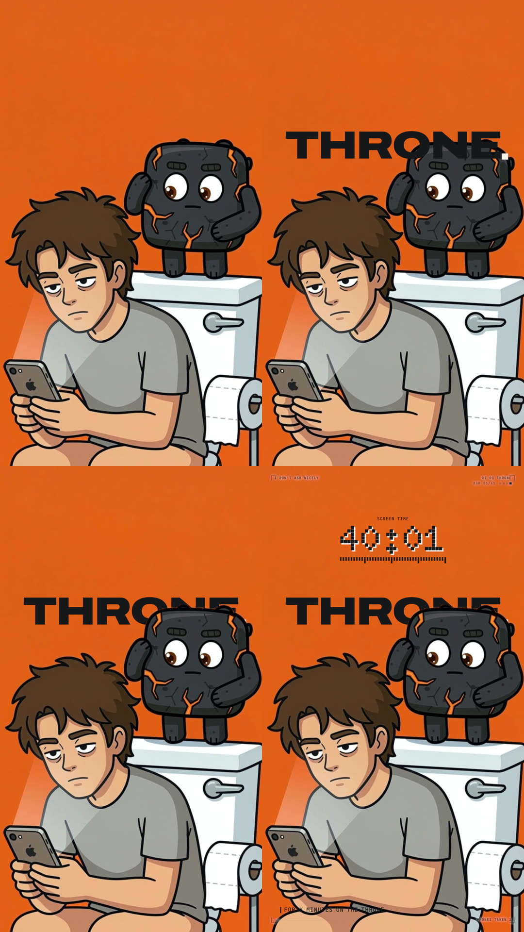 Four versions of the same frame: the generated clip alone; the word THRONE drawn over it; the same with Blocky and the man cut back out in front of the word; the finished frame with a screen-time counter.