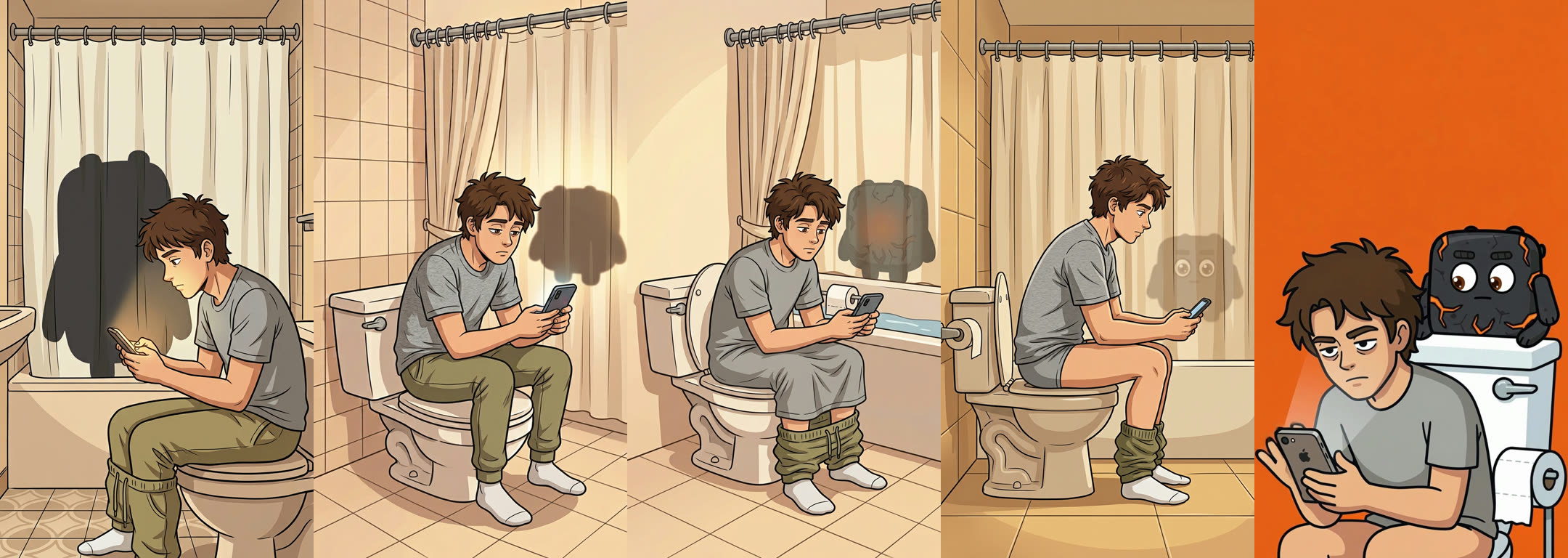 Five attempts at the toilet scene, left to right, ending with the final chest-up framing on an orange background.