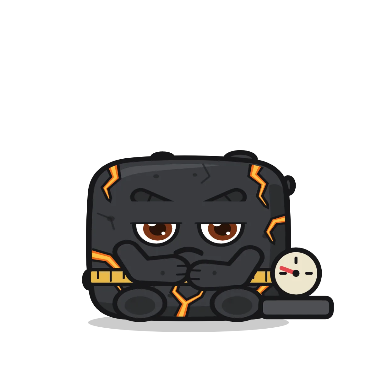 The rock, hunched, arms folded, frowning, with a tape measure round its middle, a scale beside it.