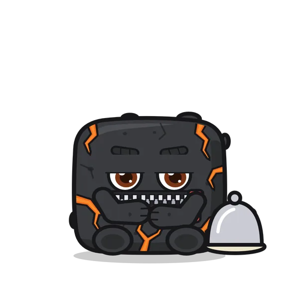 Blocky, the rock, sitting with his arms folded, a zip across his mouth, a covered dish beside him.