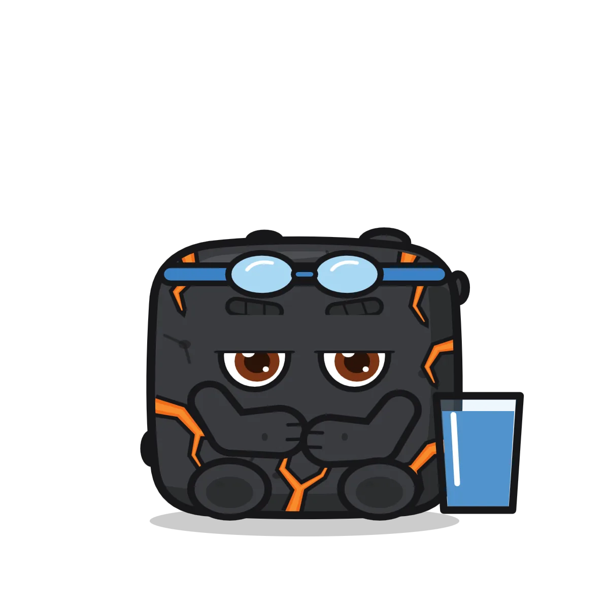 The rock, sitting with arms folded, with goggles on its forehead, a glass beside it.