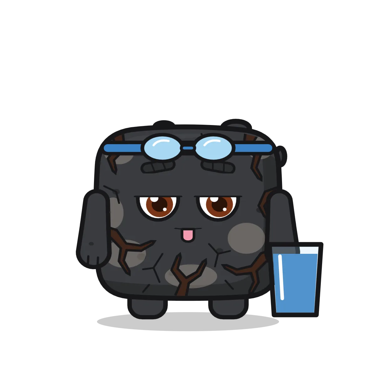 The rock, dusty and dull, tongue out, with goggles on its forehead, a glass beside it.