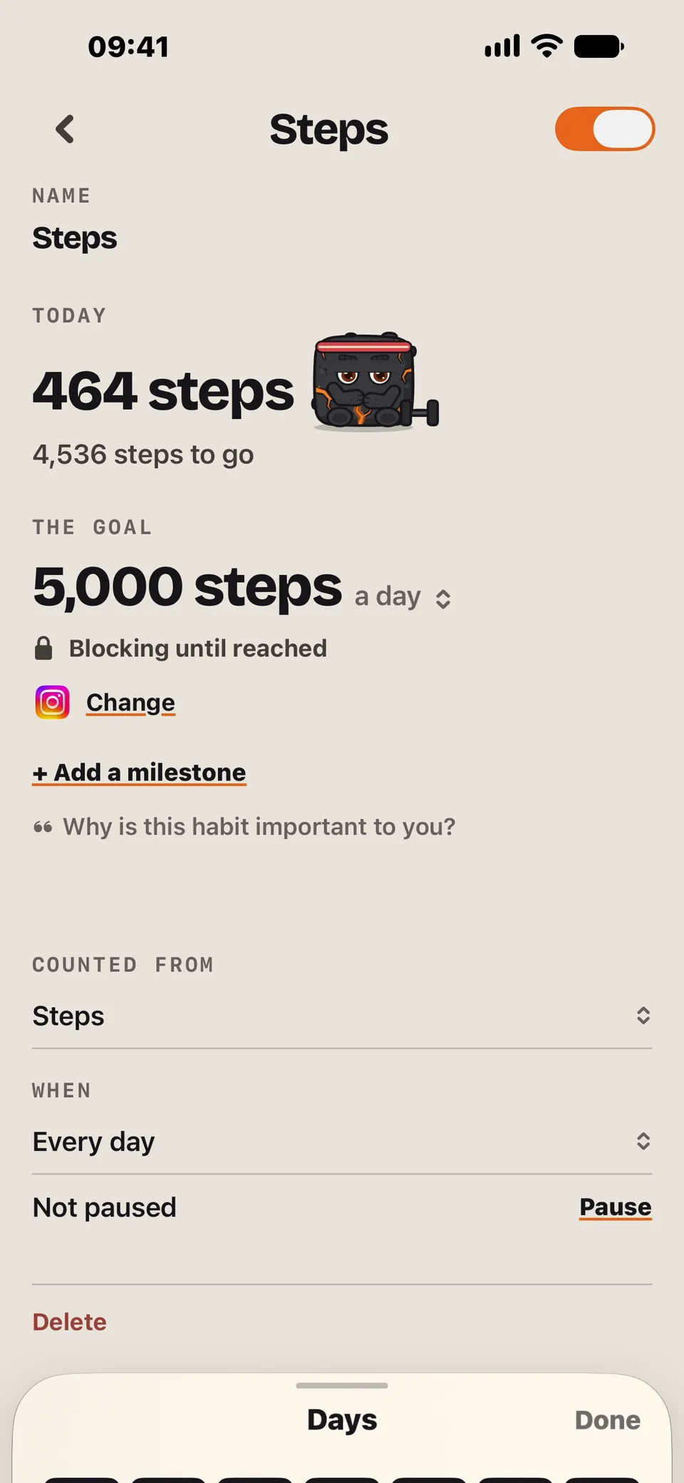 The Steps habit in Ahonui: 464 of 5,000 steps today, blocking until reached, with the apps it blocks.