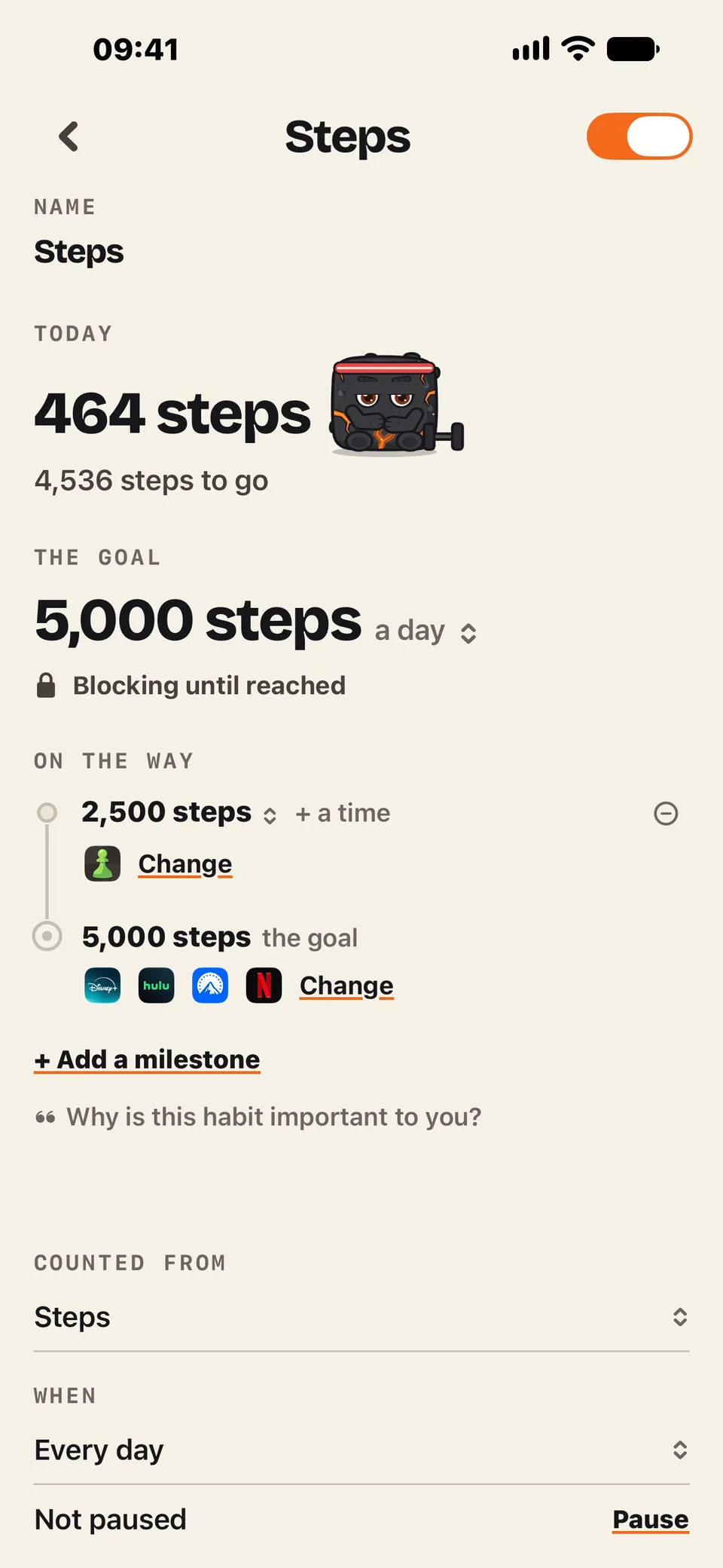 A habit with a milestone on the way: 2,500 steps unblocks a few apps, 5,000 the rest.
