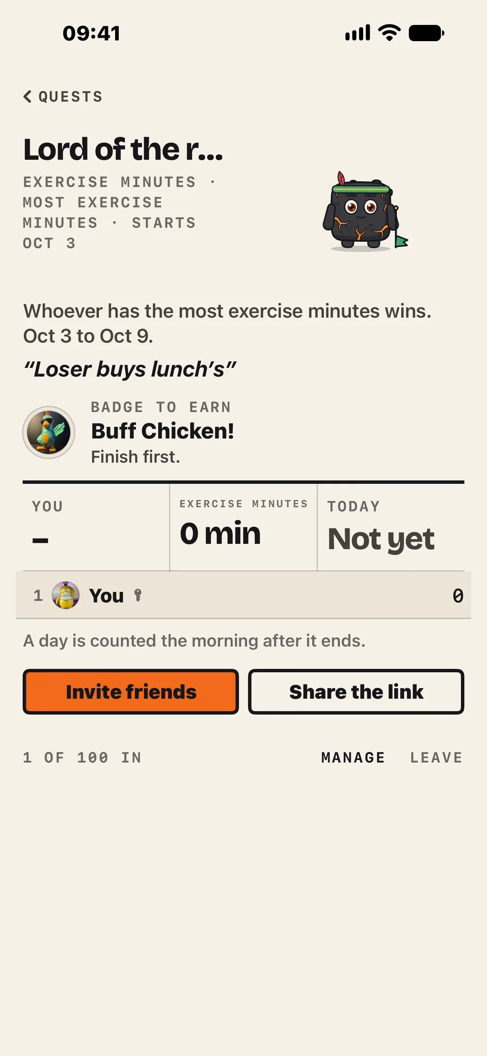 A quest in Ahonui, Lord of the reps: most exercise minutes wins, the loser buys lunch, with buttons to invite friends and share the link.